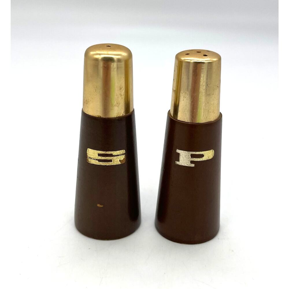 MCM Wood Salt & Pepper Shakers Brown & Gold 3" Mid Century Modern